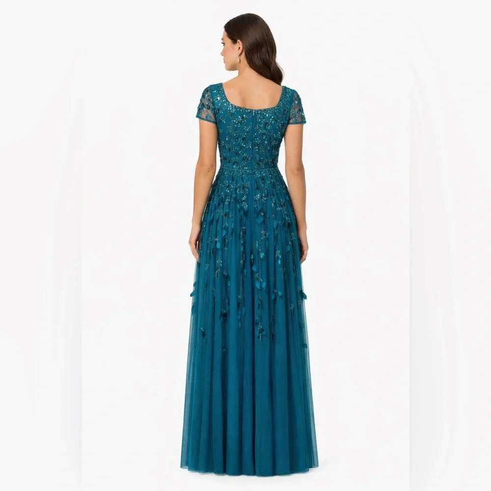 Adrianna Papell Teal Beaded Tulle Gown Size 4 NWT Black Tie Evening Formal GALA - Picture 4 of 5